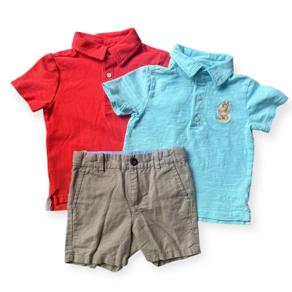 Janie and Jack Boys 2T Outfit Set Red Blue Gray Malin‎ Polo Khaki Linen Shorts